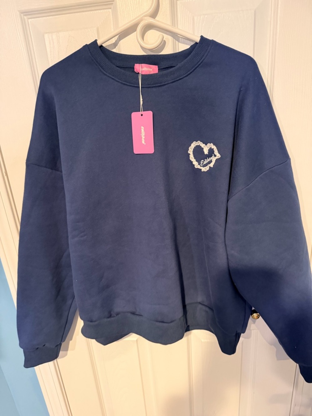 Edikted Navy Crewneck Sweatshirt with Heart Embroidery